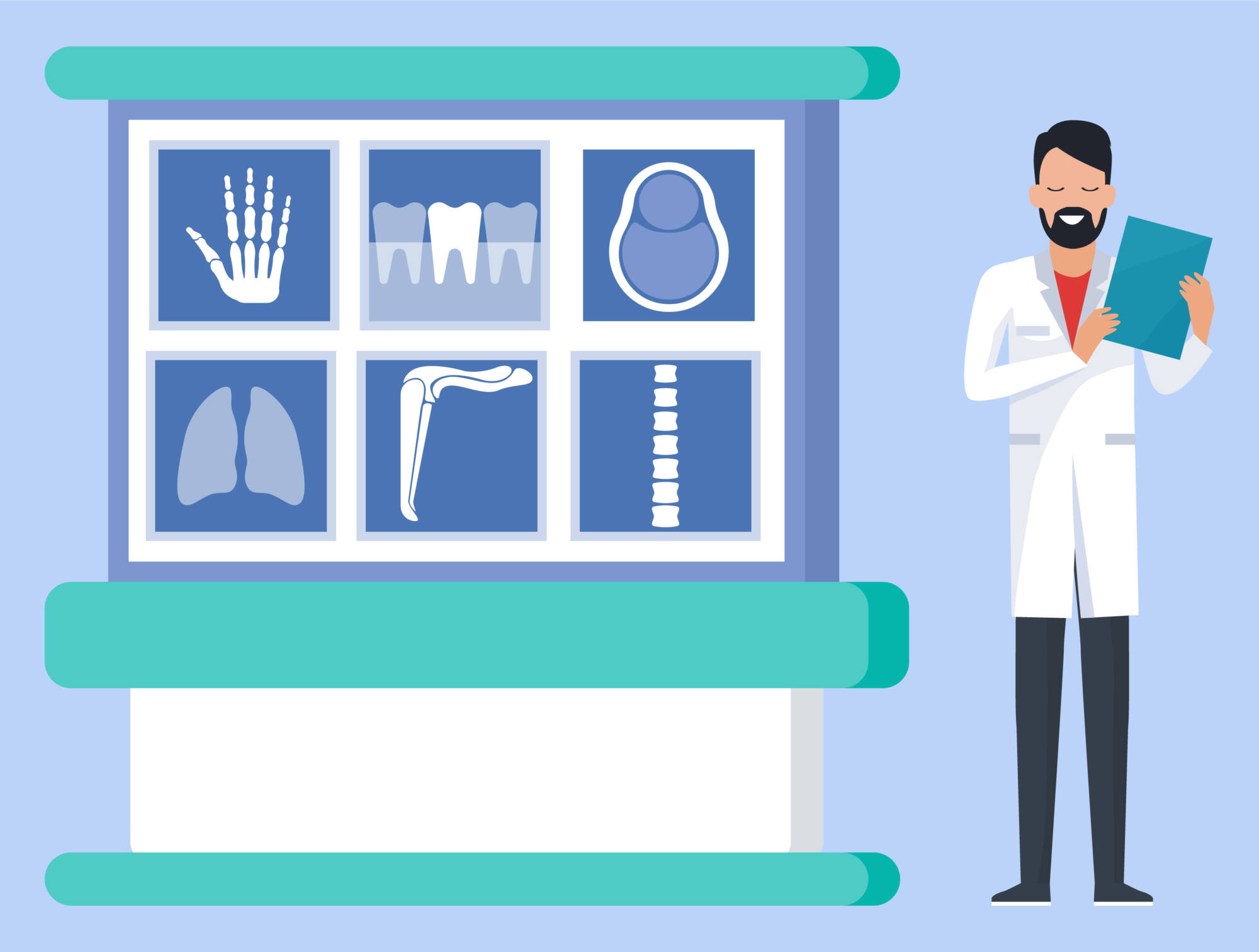 Illustration doctor next to 6 x-ray images